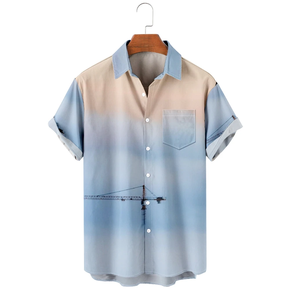 

Landscape khaki cloud print shirt, fashionable casual Harajuku Hawaiian Beach style, men's short-sleeved shirt