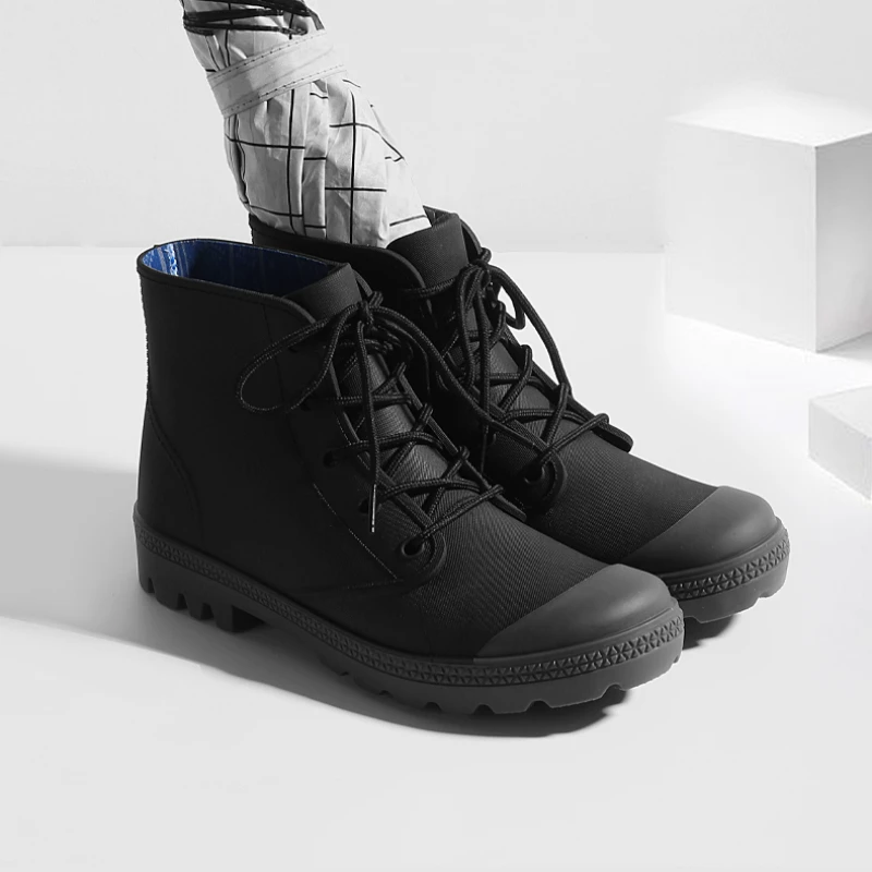 2023 New Lovers Lace-up Rain Boots Men Outdoor Non-slip Waterproof Work Water Boots Fashion Couple's Ankle Platform Rain boots