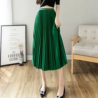 summer 2022 solid a line pleated skirt women all match office lady black green beige midi elgeant skirts female clothing