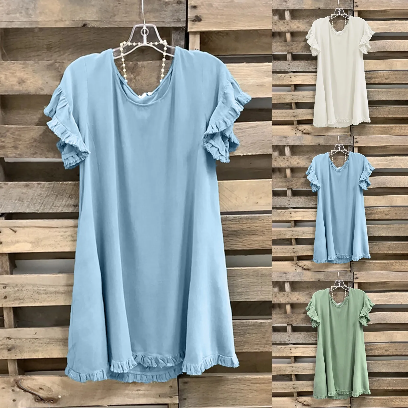 

Women Casual Fashion Summer Dress Solid Color Crew Neck Short Sleeve Shirt Dress Elegant Party