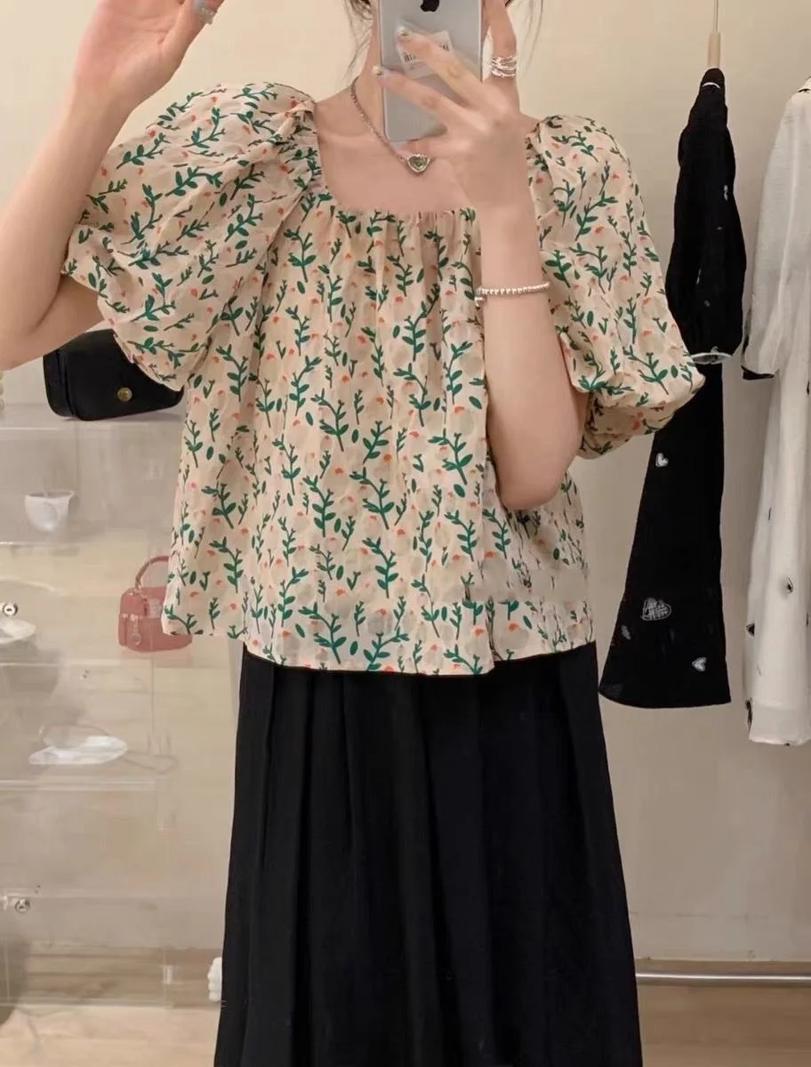 

New French Style Square Neck Lantern Sleeve Floral Doll Blouse Women's Western Style Top Kawaii Fashion Tops Korean Summer 2022