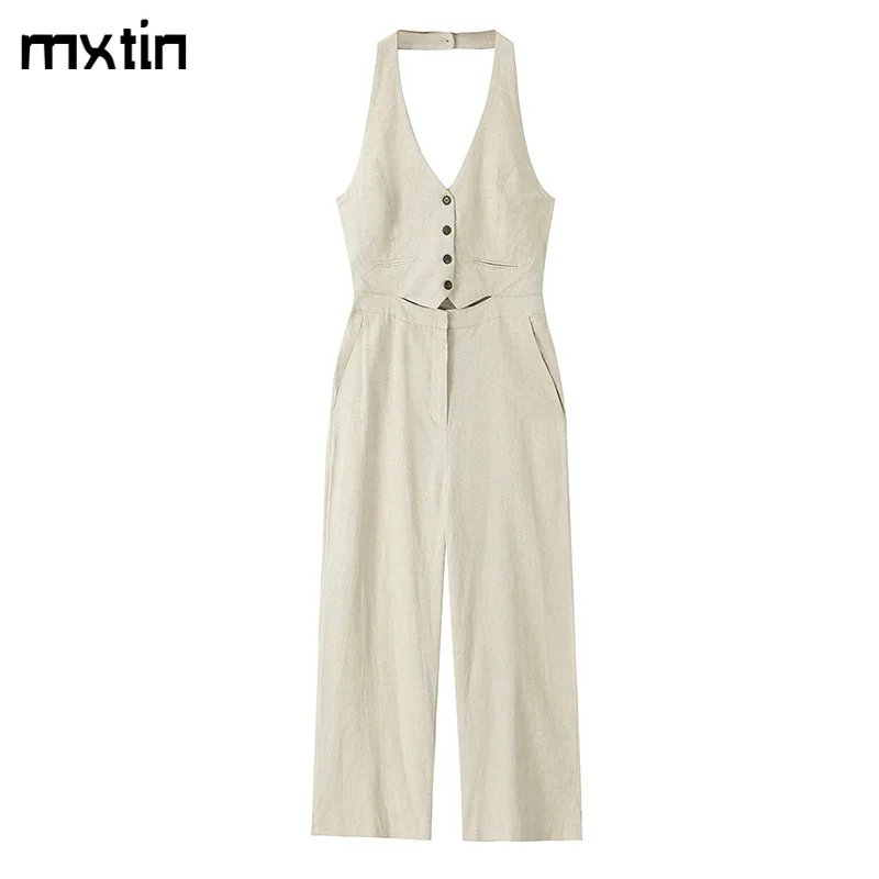 

Комбинезон женский льняной однотонный, винтажный сплошной комбинезон с V-образным вырезом, без рукавов, повседневная одежда для фитнеса, весна