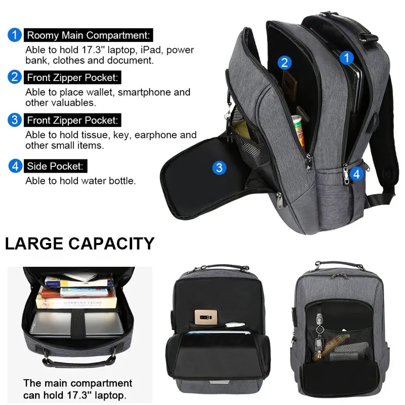 Travel Laptop Backpack Water Resistant Anti-Theft School Bag with Usb Charging Port and Lock, 17 inch Computer Business Backpack
