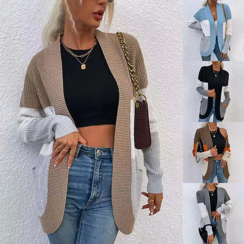 

Women Knitted Cardigan 2023 Autumn/Winter New Curved Large Pocket Knit Contrast Cardigans Women Coat
