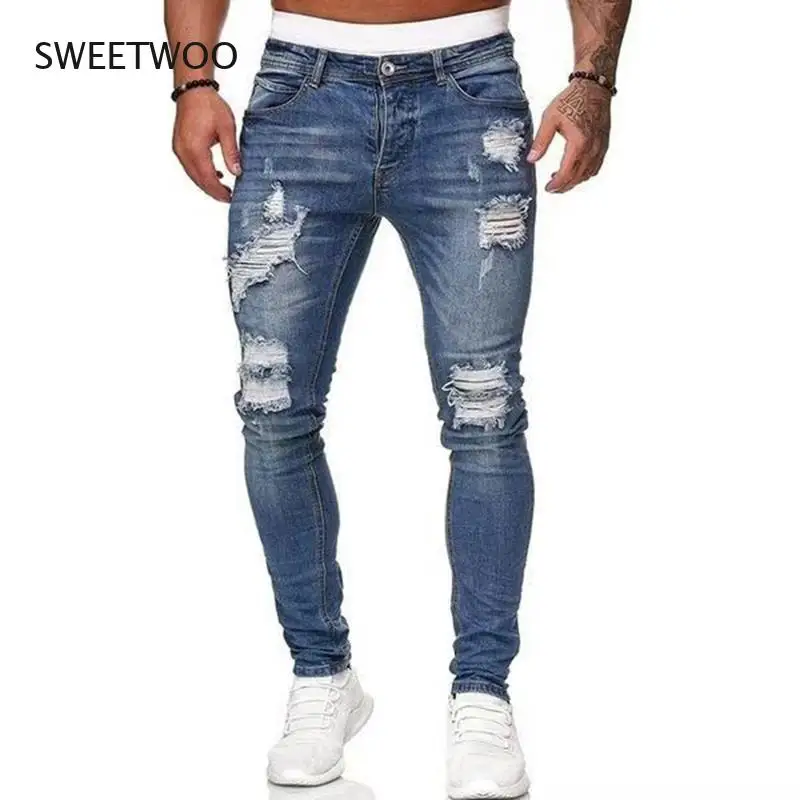 2022 Jeans Ripped Skinny Hole Trousers Stretch Slim Denim Pants Large Size Hip Hop Black Blue Casual Jogging Jeans for Men