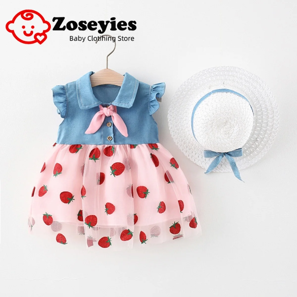 

New summer baby girl dress lovely strawberry embroidery mesh patchwork shirt collar small flying sleeve hooded knee-length