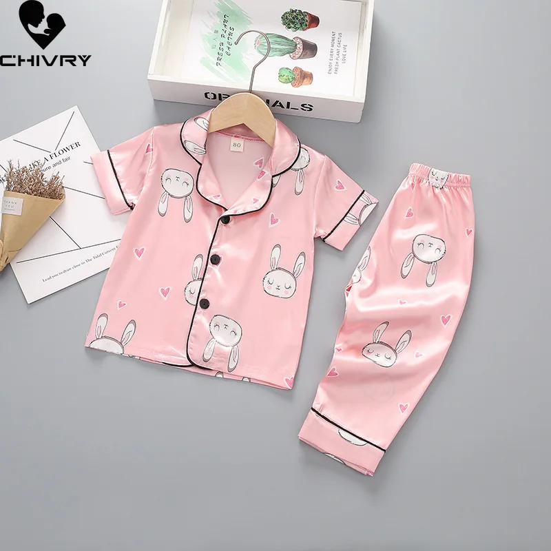 

New Kids Boys Girls Silky Pajama Sets Cartoon Short Sleeve Lapel Shirt Tops with Pants Baby Spring Summer Sleeping Clothes Sets
