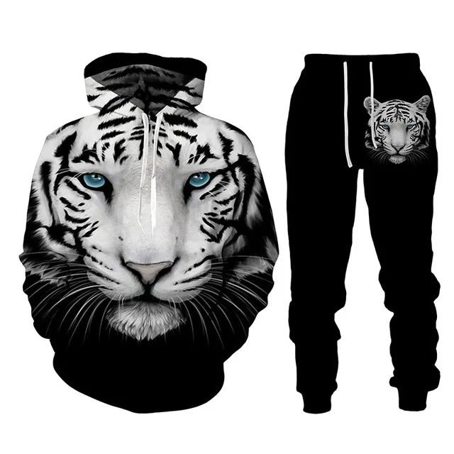Hoodie Tracksuit Suit Long Sleeve Lion Print Men Spring And Autumn 2-Piece Set Oversized Pant Street Jogger Clothing