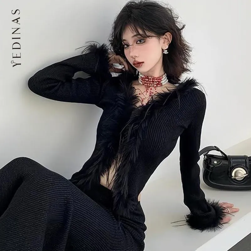Yedinas черный кардиган женская трикотажная одежда с длинным рукавом осенне-зимний
