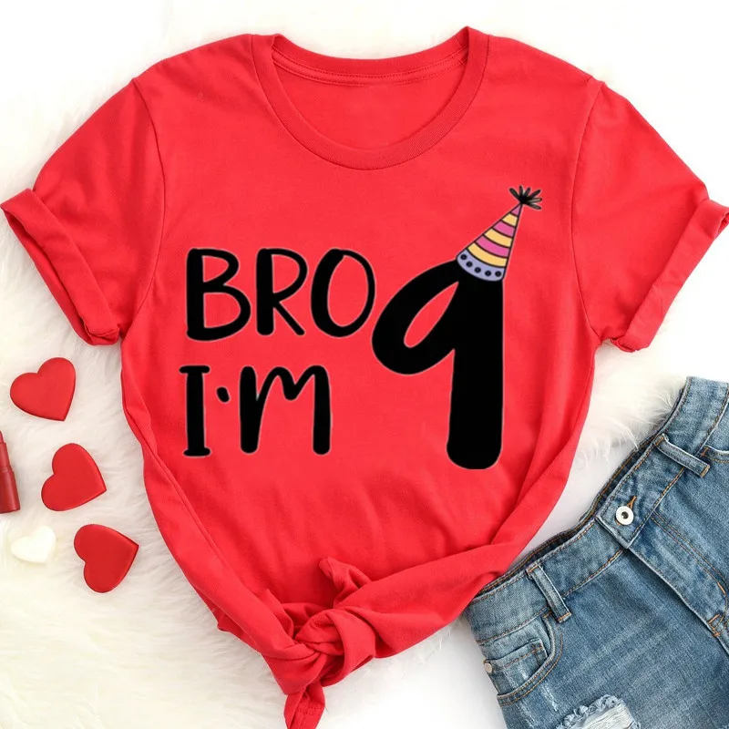 

Bro I'm 9 Shirt, Birthday Boy Shirt Ninth Party Kid Nine Years Old Boy Kid Short Sleeve Top Tees O Neck 100%Cotton y2k Harajuku