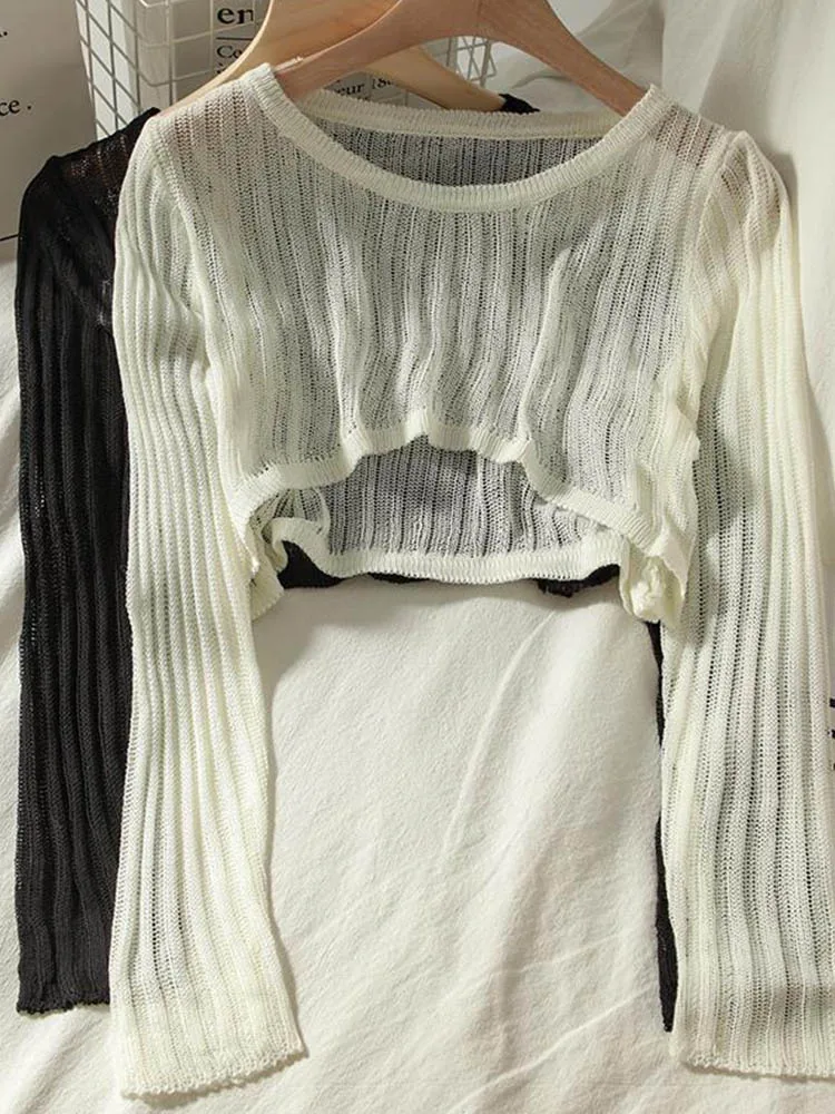 

T-shirts Women Summer Long Sleeve Crop Tops Thin Breathable Hollow Out Korean Style O-neck Loose Sun-proof Chic All-match Tees