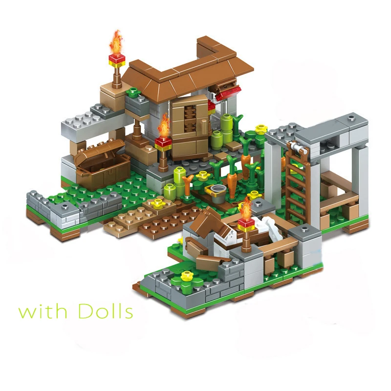 

4 In 1 Mountain Cave Farm Village with My Worlds Nether Fight Building Block Action Bricks Gift Toys for Children Kids