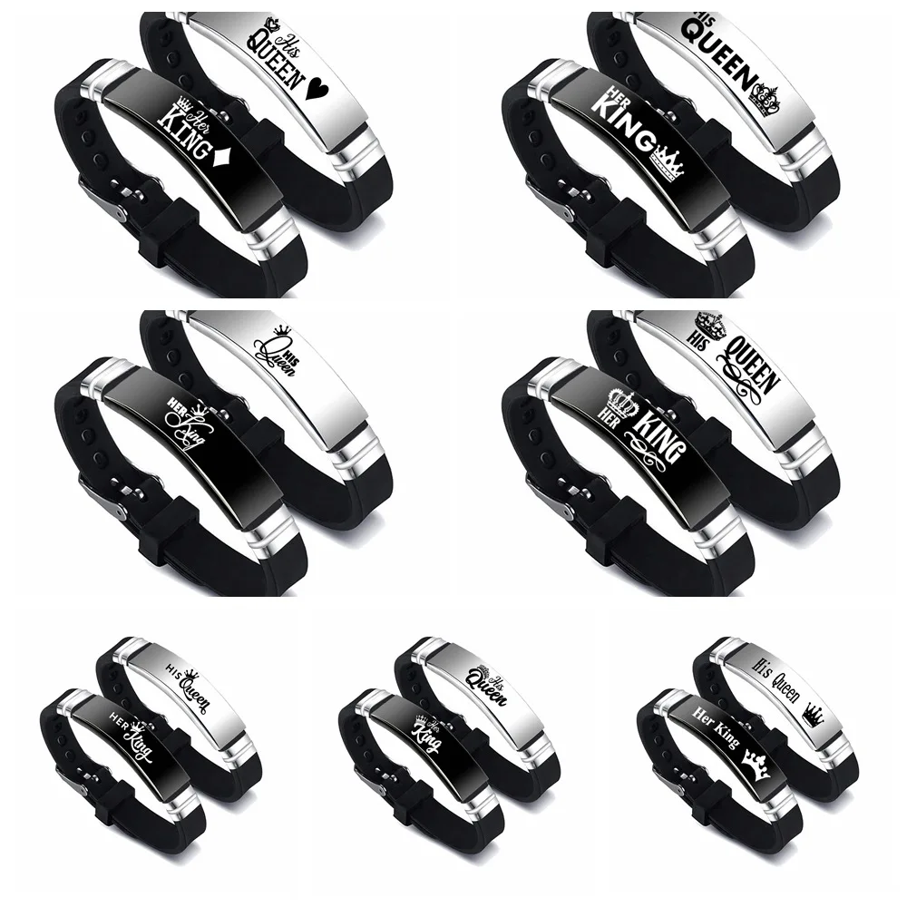 

1Pair Ker King Hi Queen Couple Romantic Crown Stainless Steel Silicone Bracelet Gift for Valentine's Day