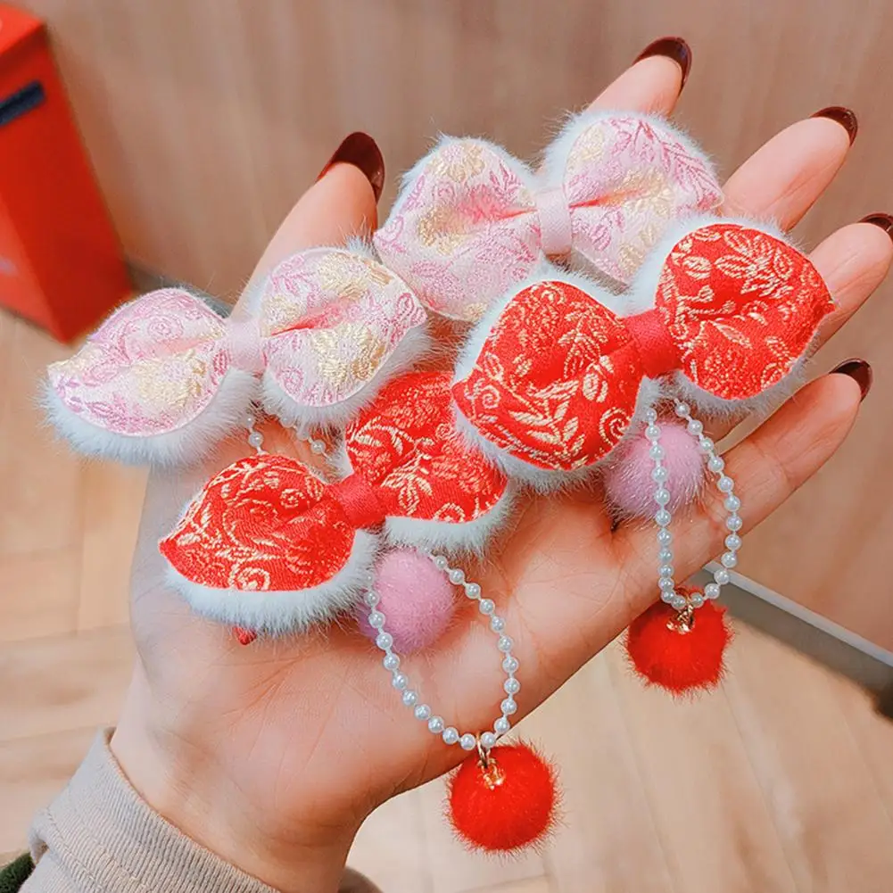 

2 Pcs New Year Hairpins Decorative Bow-knot Shape Red Tassel Beads Hair Decoration Plush Ball Chinese Girl Hair Clips for Party