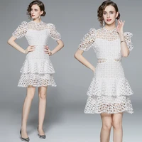 womens new summer high end temperament french round neck cake skirt short sleeve water soluble lace fashion midi dress