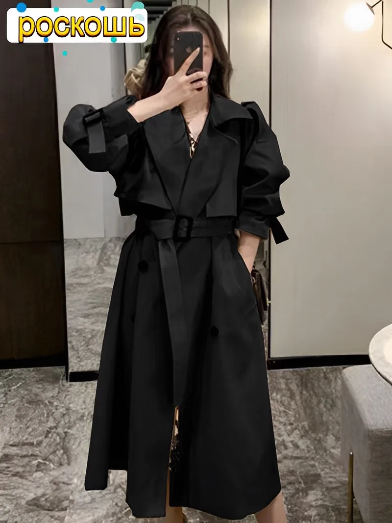 Turn Down Collar V Neck Double Breasted Trench Coat Women Winter Clothes Women with Belt Korean Style Casual Slim Windbreaker