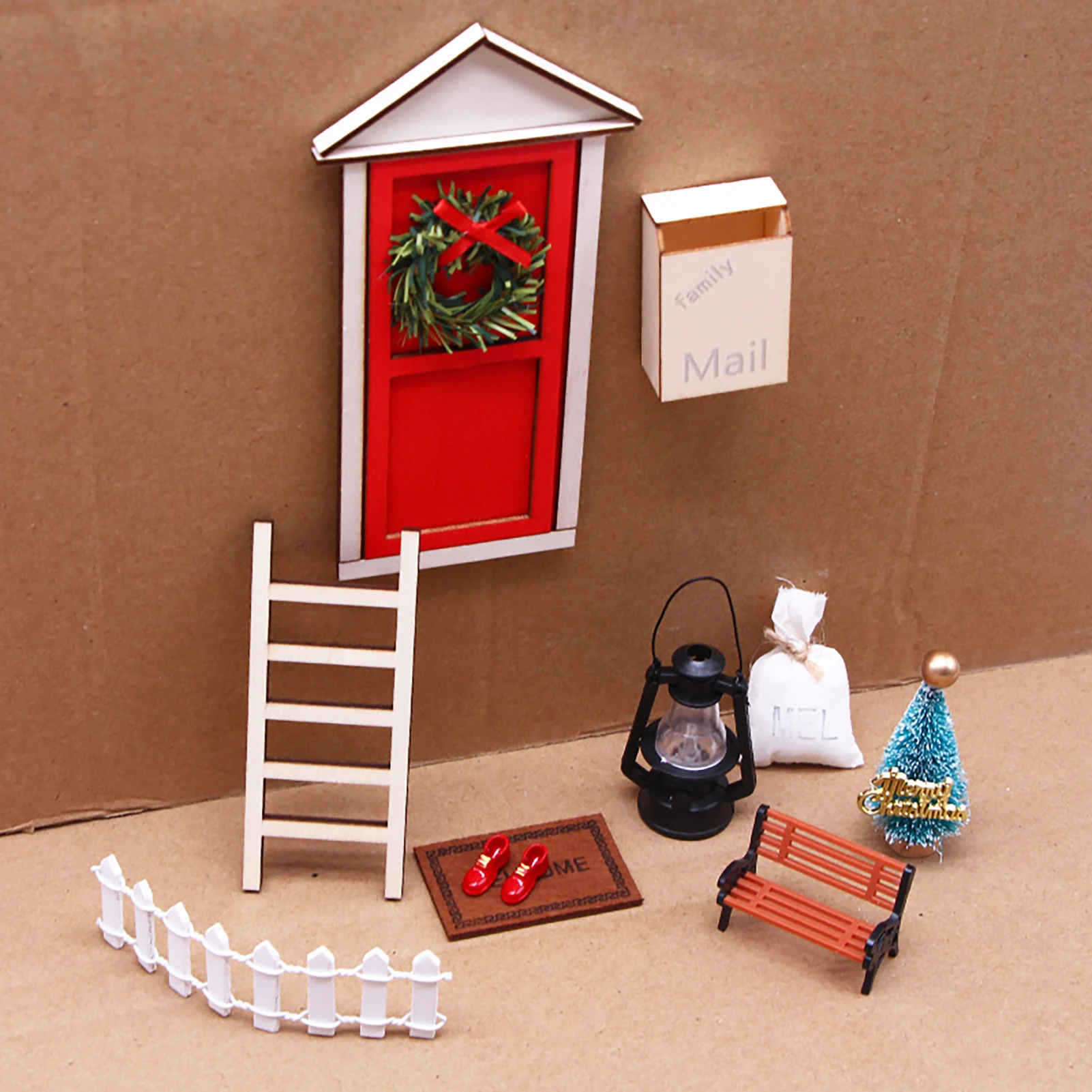 10Pcs Miniature Fairy House Accessories Christmas Scene Doll House Elf Red Fairy Door Set With Ladder Letter Box DIY Decorations
