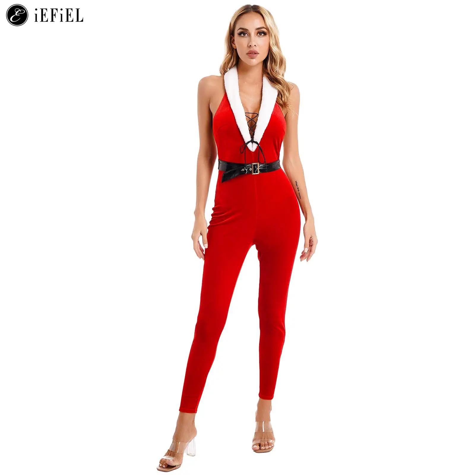 

Womens Christmas Santa Claus Costume One Piece Velvet Deep V Lace-Up Backless Bodysuit Jumpsuit Catsuit for Xmas Holiday Party