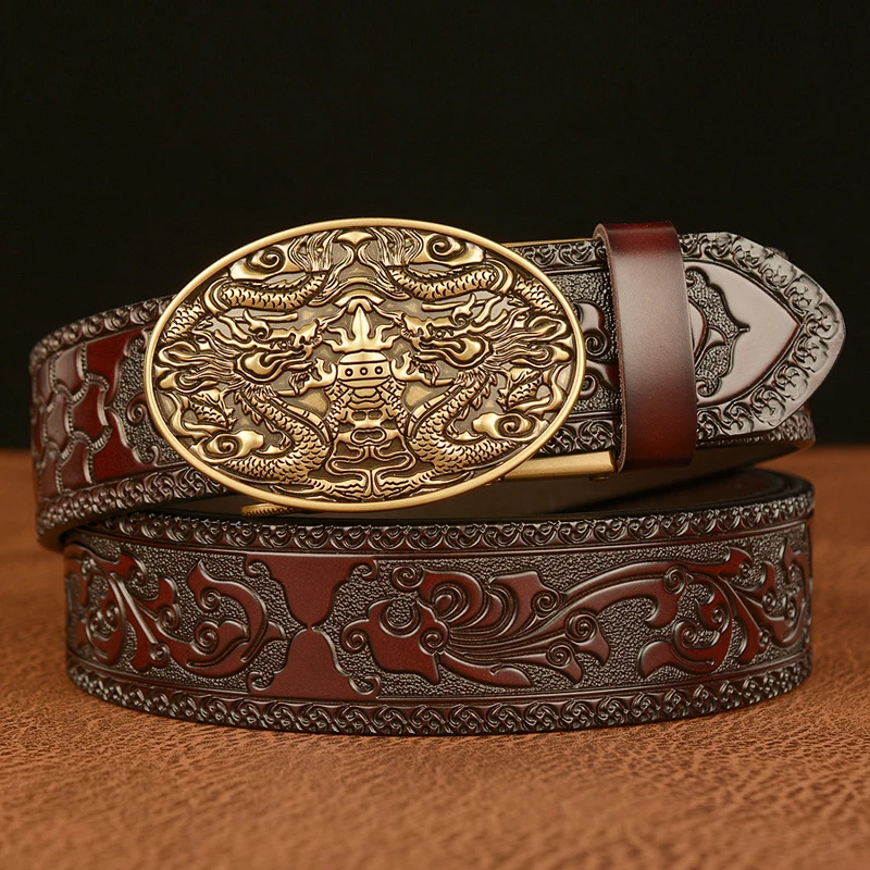 for Men Top Quality Business Men Belt Genuine Leather Automatic Buckle Belt New Desgner Dragon Pattern Cow Leather Belts