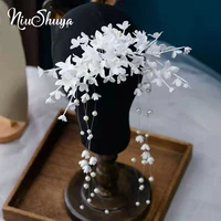 niushuya sweet white flower brides haircomb pearl beading handmade princess wedding headbands bridal hair accessory
