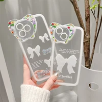 cute clear creative white flowers bow tie animal butterfly girl phone case for iphone 13 12 11 pro max anti drop soft back cover