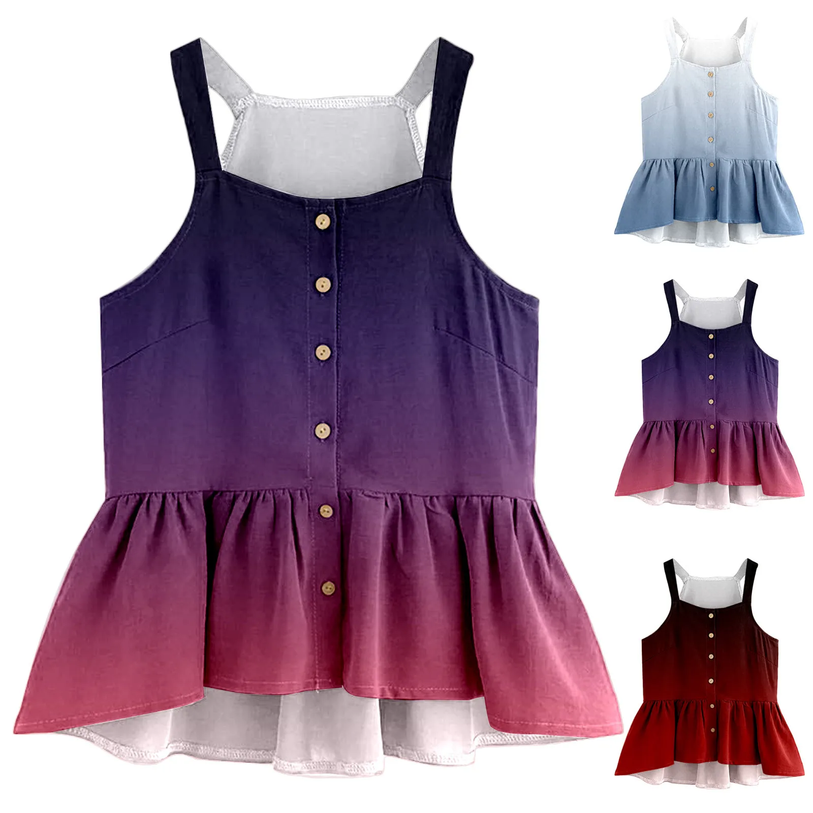 

New Vest Women Casual Top Solid Color Blouse Sleeveless Tops Pleated Ruffle Hem Button Sleeveless Tank Top Топ Женский Летний