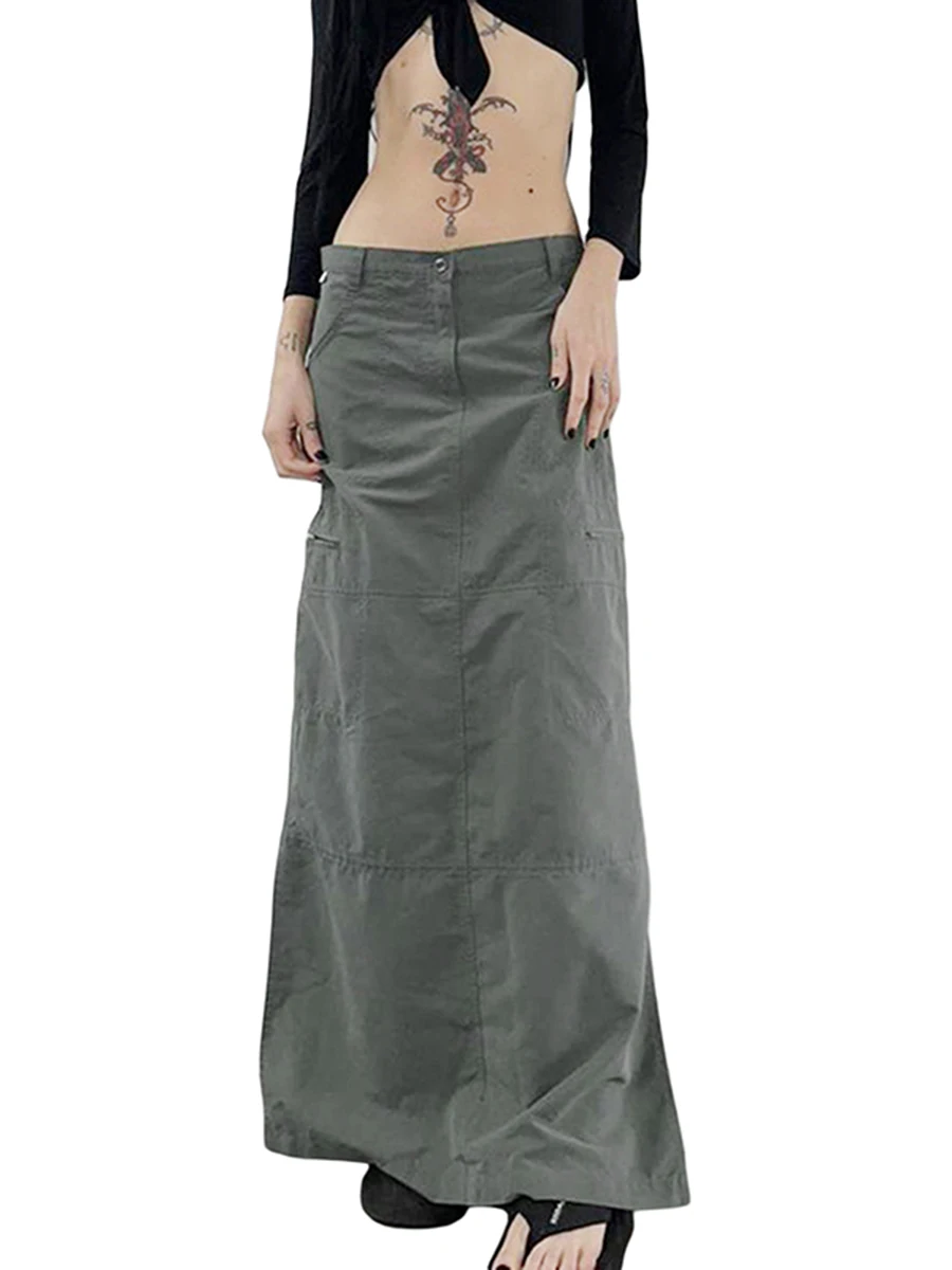 

Women s Y2k Low Waist Long Cargo Skirt Retro Shirred Baggy Skirt 90s E Girl Ruched Maxi Skirt with Pockets Cc Blue Small