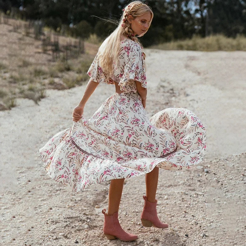 

QNPQYX Summer Ruffles Boho Dress Women Fashion Print Short Sleeve Hollow Out Sexy Dresses Bohemian Belt Pleated Beach Maxi Dress