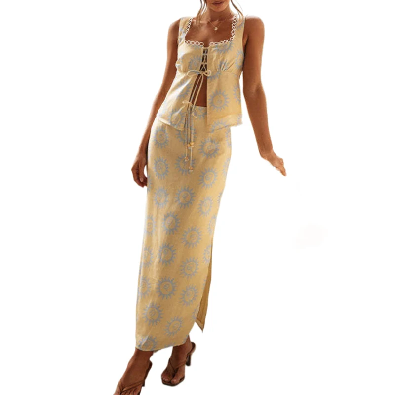 Женские комплекты для отдыха из 2 предметов кружевная майка с принтом и открытой