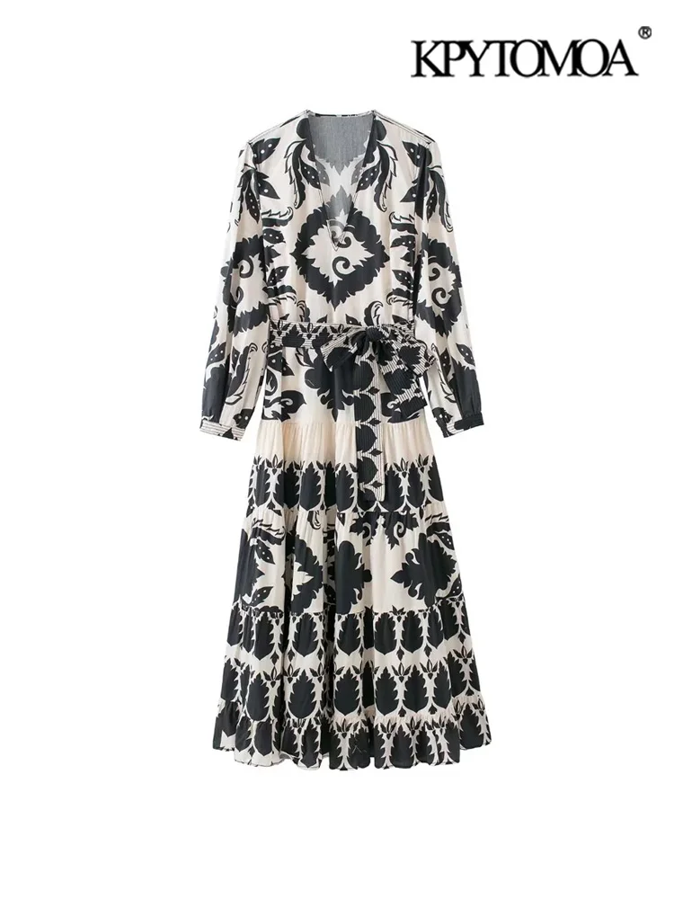 

KPYTOMOA женское модное с поясом с тотемным принтом с оборками миди платье винтажное с V-образным вырезом и длинным рукавом Женские платья Vestidos ...