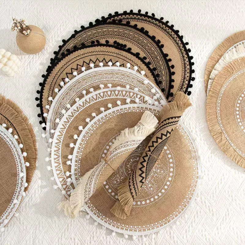 Boho Round Placemat 15 Inch,Farmhouse Woven Jute Fringe TableMats with Pompom Tassel Place Mat for Dining Room INS Table Decors images - 6