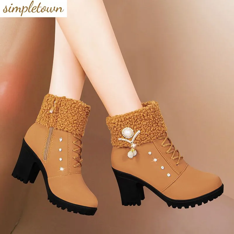 

2023 Spring and Autumn Martin Boots British Style High Heel Short Boots Thick Heel Side Zipper Round Head Women's Boots
