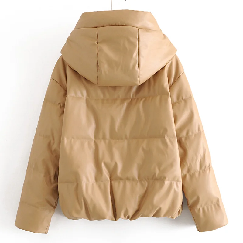 Casual Fashion Imitation Leather Cotton Jacket Women 2023 Winter New Solid Color All-match Hooded Cotton Coat