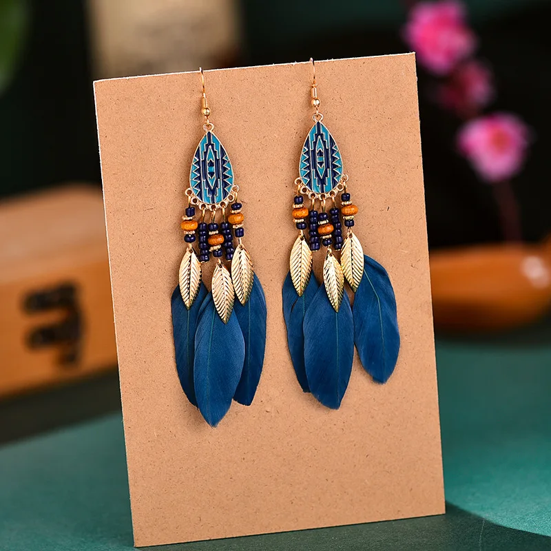 

Bohemian Feather Chain Long Tassel Earrings For Women Wood Bead Enamel Gold Color Dangle Drop Earrings Wedding Jewelry Gift