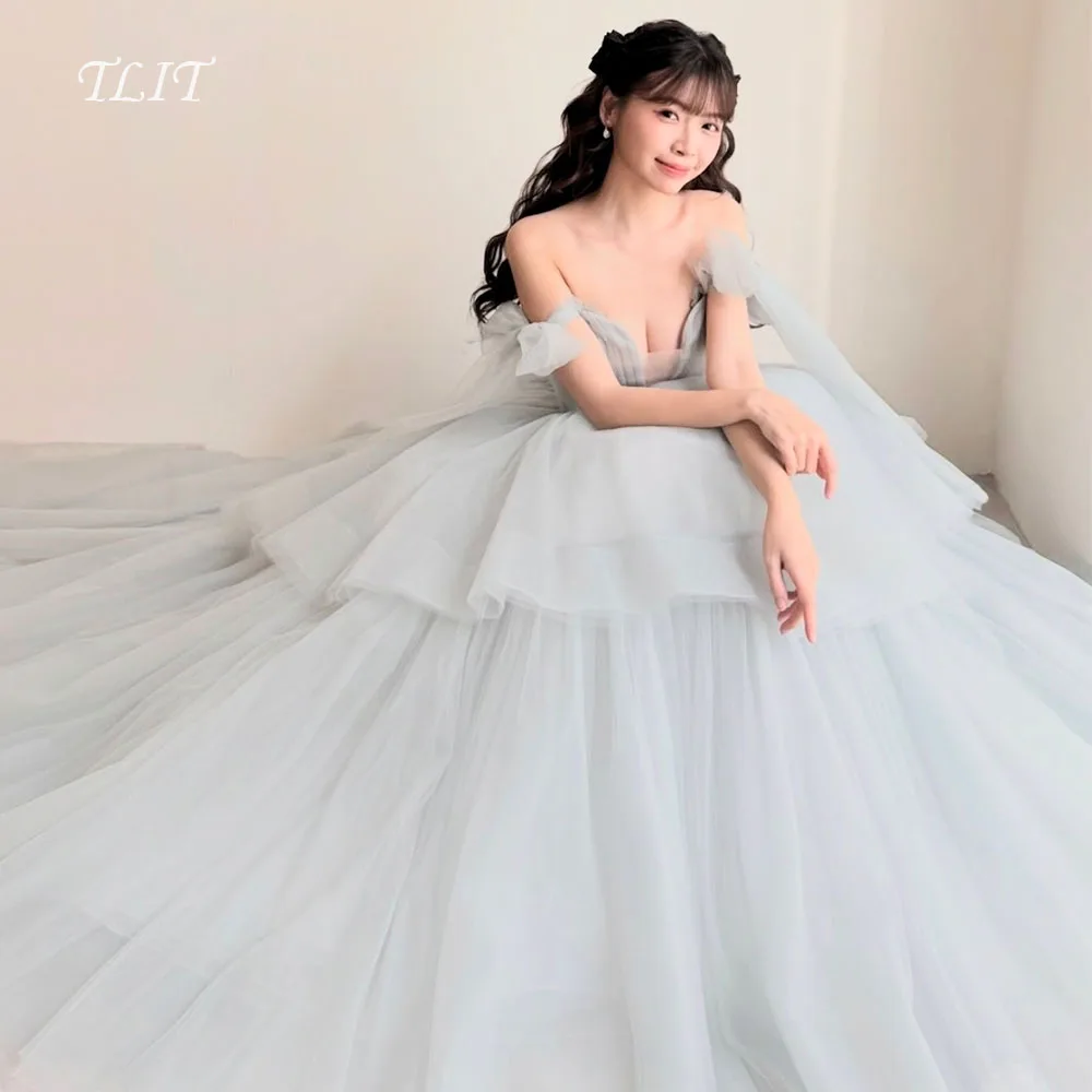 Фото Вечерние платья TLIT Princess из многослойного фатина конфетных цветов, на заказ, с открытыми плечами, с бантом, для выпускного вечера, корейские свадебные платья для фотосессии №1