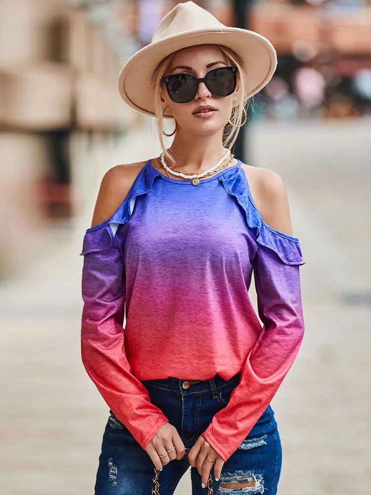 

Chicme Women Ombre Ruffle Hem Cold Shoulder Ladies Top 2022 Women Autumn Streetwear Round Neck Long Sleeve T-Shirts Female Ropa