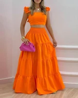 summer female hot style ruffled suspenders pleated back crop top and long skirt solid color two piece set women 2022 fashion