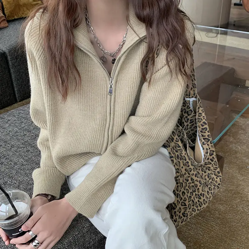 

2022 Spring and Autumn Fashion New Female Double Zipper Knitted Cardigans Women's Turtleneck Sweater Coat European Style J90