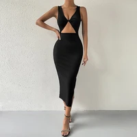 2022 summer v neck halter strapless sleeve bodycon dress ladies sexy hllow night club dress womens black backless party dress