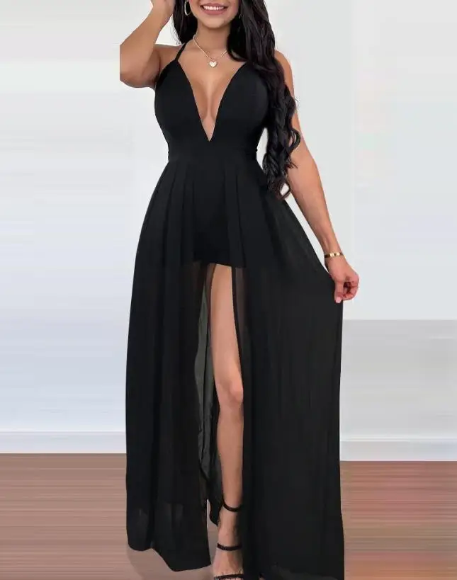 

2023 Summer New Casual Women's Jumpsuit Fashion Sexy Night Club Backless Crisscross Backless Plunge Skort Romper Y2K