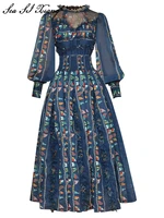 seasixiang fashion designer autumn dress women o neck lantern sleeve mesh ruffles elastic waist vintage party long dresses