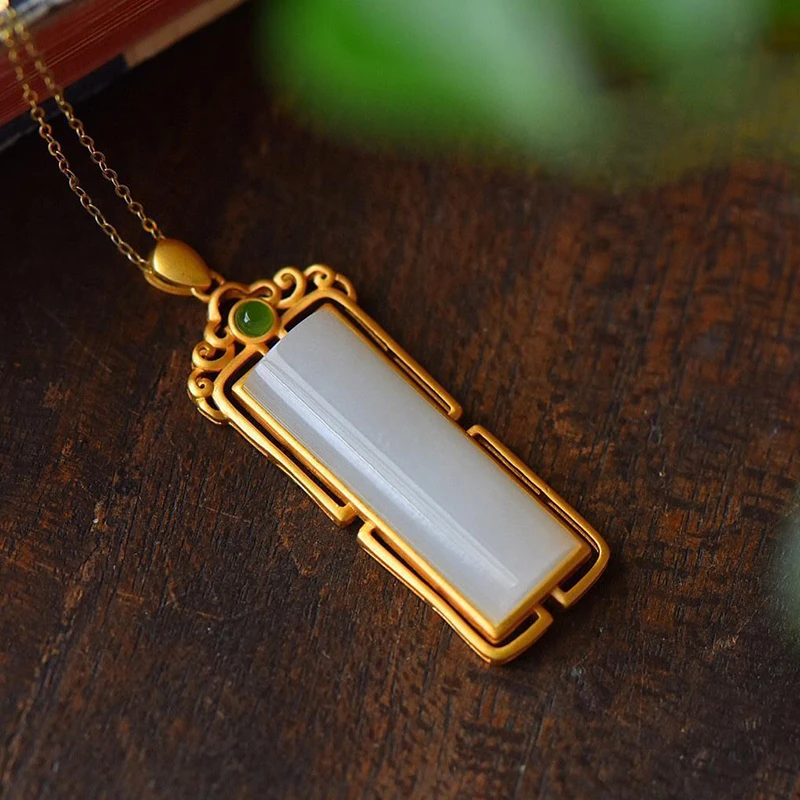 

Ancient Gold Craft Inlaid Natural Hetian White Jade Square Clavicle Necklace Pendant Exquisite Women's Silver Jewelry