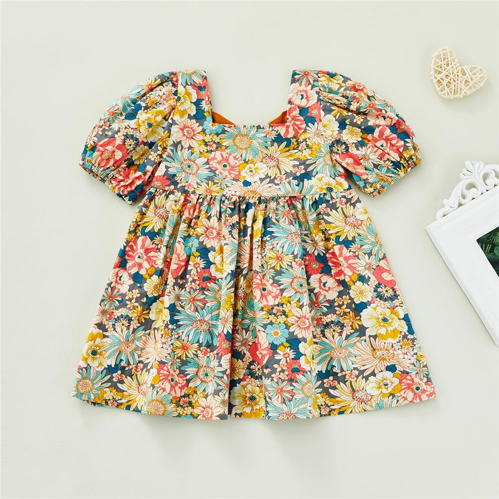 

6 Months-3 Years Summer Kids Baby Girl Short Sleeve Dress Pastoral Style Toddler Flower Print Back Cross Straps A-Line Dress