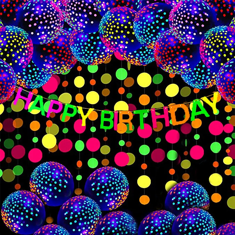 

Neon Glow Balloons Happy Birthday Banners Fluorescent Party Paper Confetti Pennant Hanging Glow In The Dark Luminous Decorations
