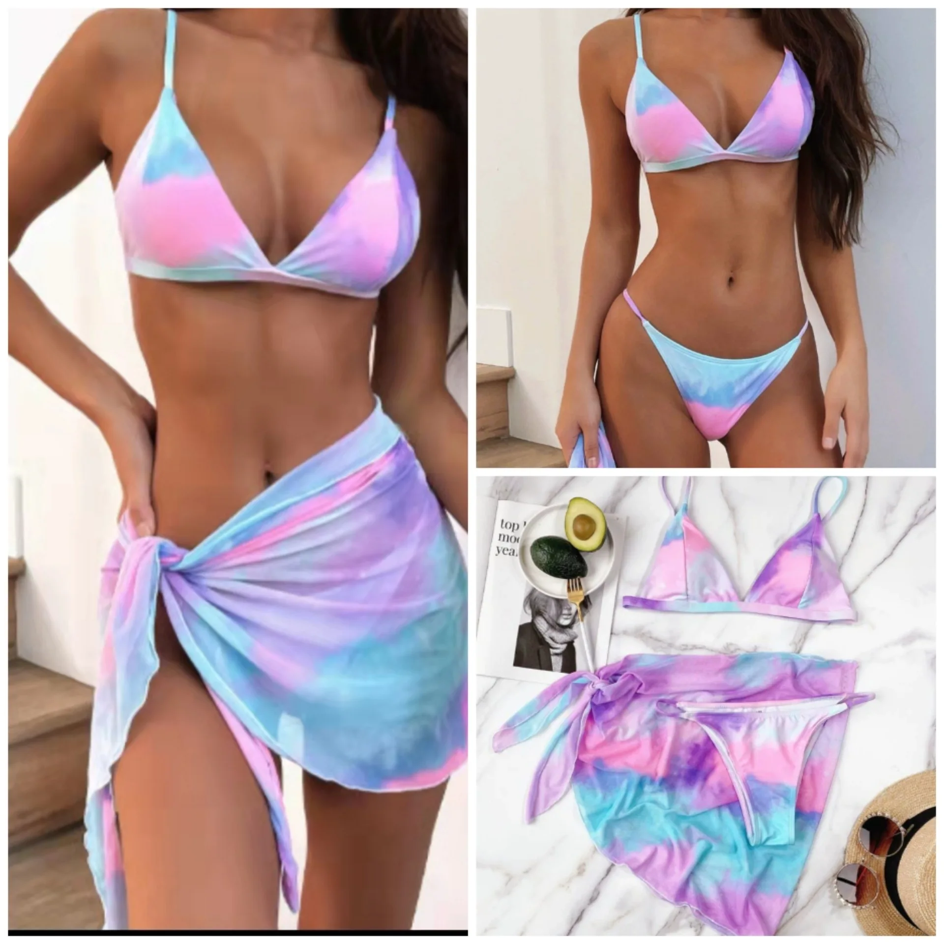 

Sexy Tie Dye with Sarong Bikini Female Swimsuit Women Swimwear Three-pieces Bikini Set Bather Bathing Suit Swim Lady Wholesale