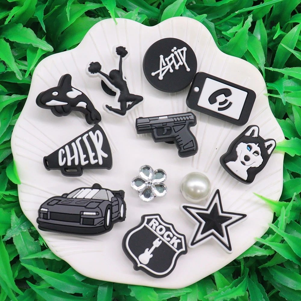 1-12PCS Black Wolf Cheer Fish Star Shoes Charms Accessories Buckle Sandal Decorations DIY Wristbands Croc Jibz Kids Party Gift