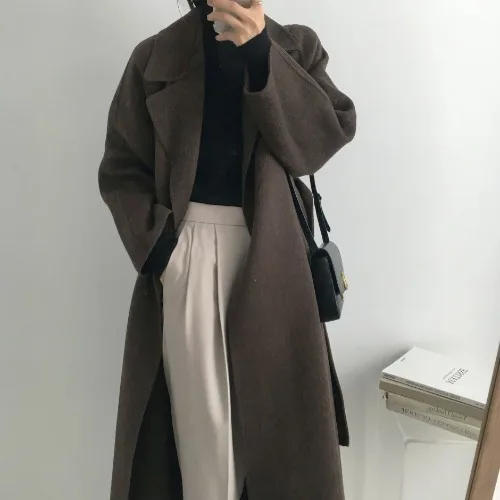 

2022 Autumn and Winter New Slim Fit Tied Waist Trimming below the Knees Long Cashmere Coat Overcoat Women