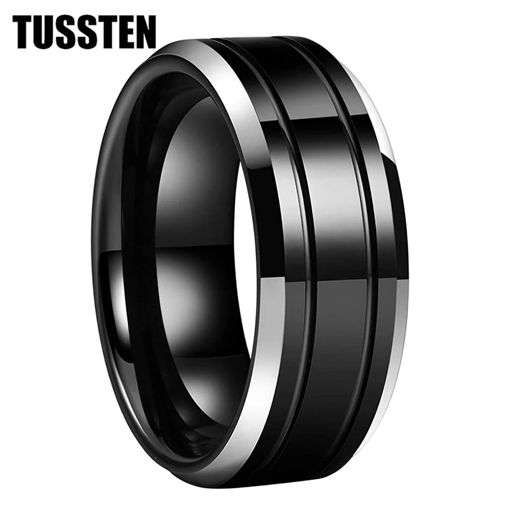 

Dropshipping TUSSTEN 8MM Men Women Black Ring Tungsten Wedding Band Grooved Beveled Finish Comfort Fit
