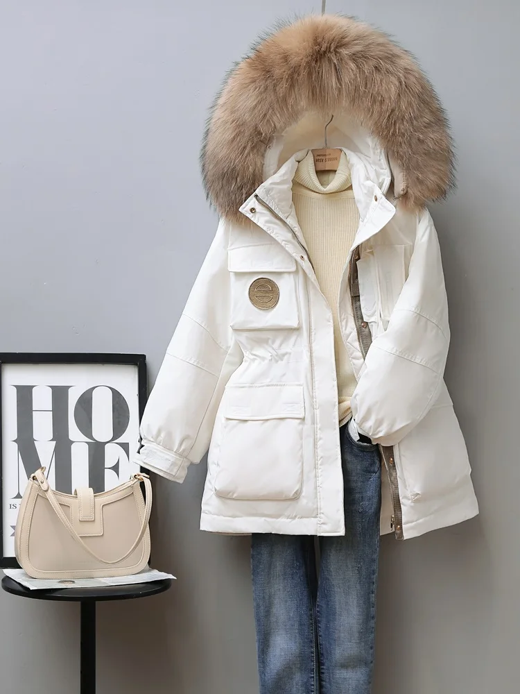 Women Long Down Jacket New Casual Style Raccoon Fur Collar White Duck Down Jackets Autumn Winter Warm Coats Female Outwear