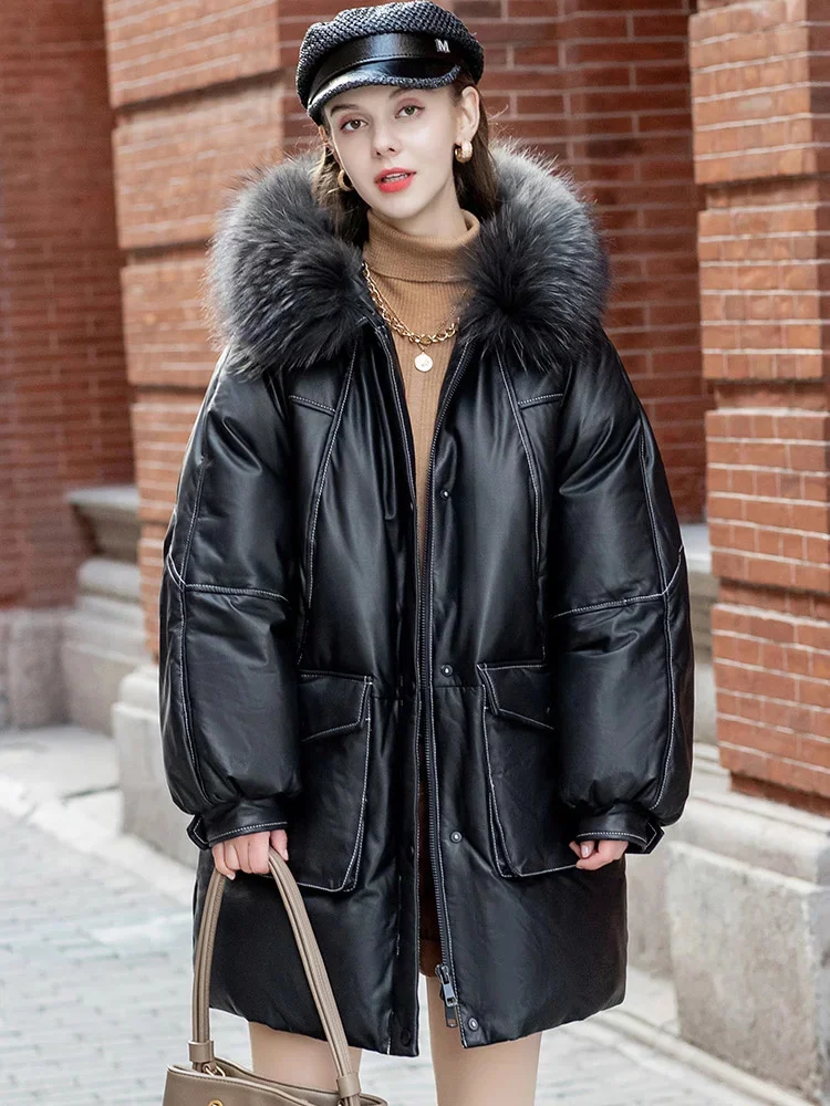 

Preferred Bati Winter Genuine Leather Down Coat Women's Mid length 2024 Raccoon Hair Hooded Sheepskin Thickened Leather Coat